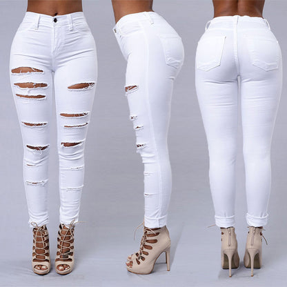 Pantalones vaqueros rotos para mujer, pantalones ajustados, pantalones casuales de cintura alta, pantalones de tubo