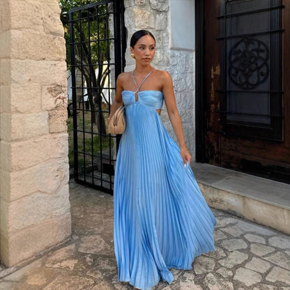 Vestido plisado sin mangas con tirantes y cintura alta para mujer