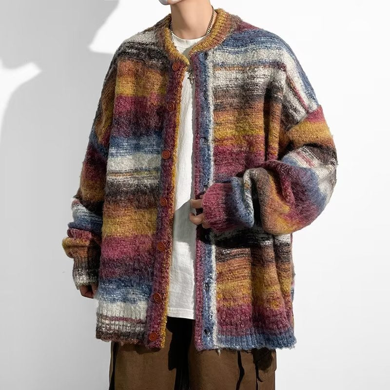 Contrast Color Sweater Hong Kong Style Trendy Baggy Coat Men's And Women's Fashion Casual Knitted Cardigan Top