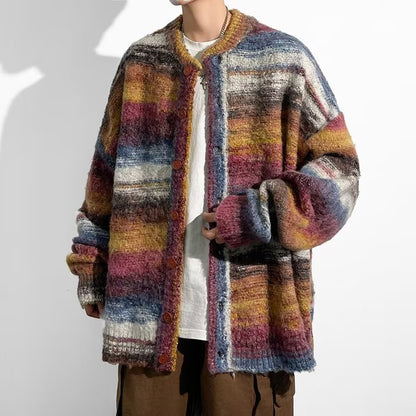 Contrast Color Sweater Hong Kong Style Trendy Baggy Coat Men's And Women's Fashion Casual Knitted Cardigan Top