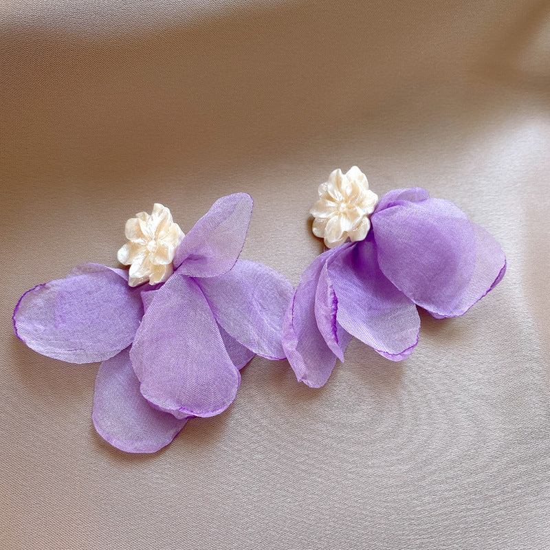 Silver Needle Fabric Flower Pendant Earrings For Women