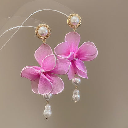 Pendientes colgantes de flores de tela con aguja de plata para mujer