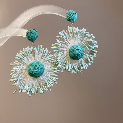 Pendientes colgantes de flores de tela con aguja de plata para mujer