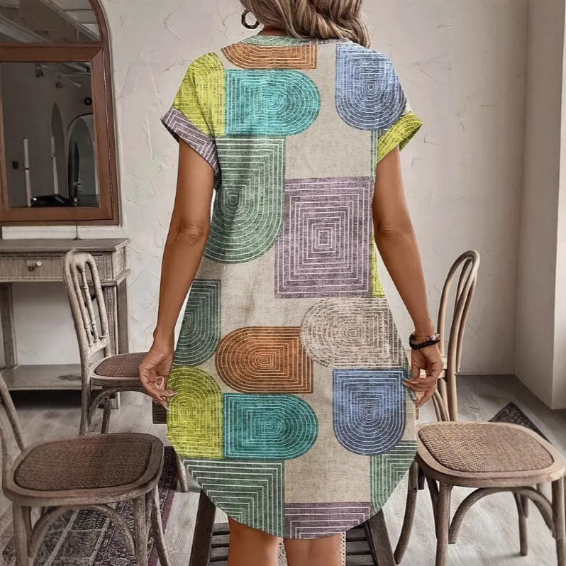 Geometric print V-neck dress for women