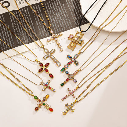 Collar de acero inoxidable con cruz de acero de titanio y cristales de colores ajustable para mujer