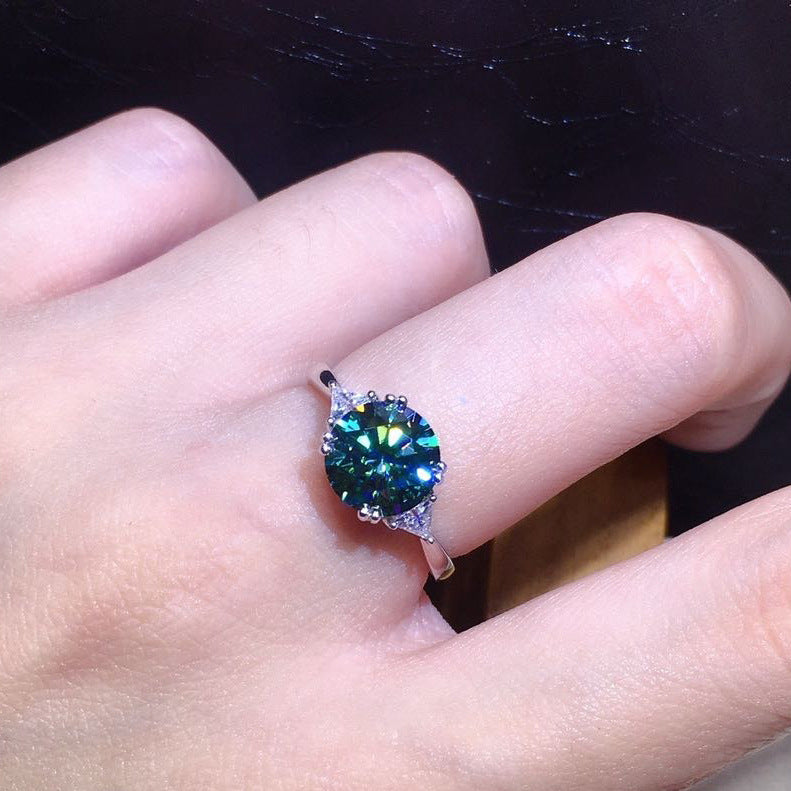 3 Karat Eight Hearts And Eight Arrows Plated PT950 Artificial Real Blue And Green Moissanite Open Ring