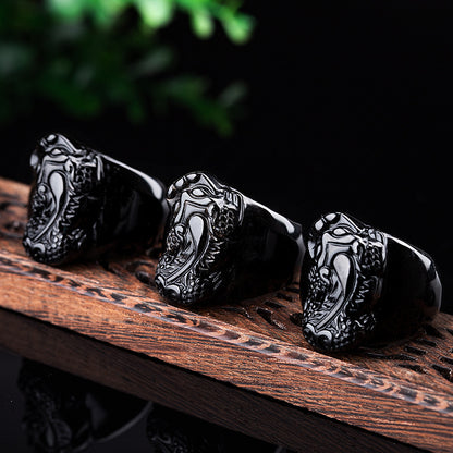 Anillo Pixiu de obsidiana con brillo dorado natural, anillo para el pulgar dominante