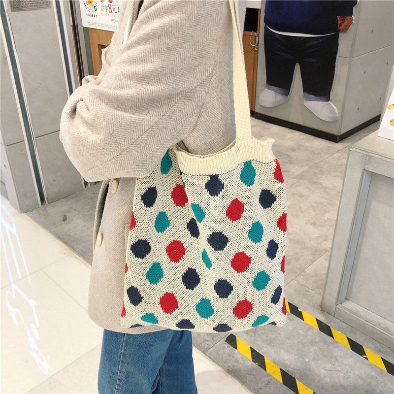 Knitted portable tote bag wool one-shoulder women's cloth bag