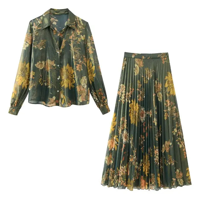 Conjunto de 2 piezas de falda midi con estampado de moda para mujer, cuello vuelto, manga larga, top corto ajustado, trajes para mujer