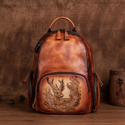 Retro polierte Deckschicht Rindsleder personalisierte Hirschkopf Rucksack