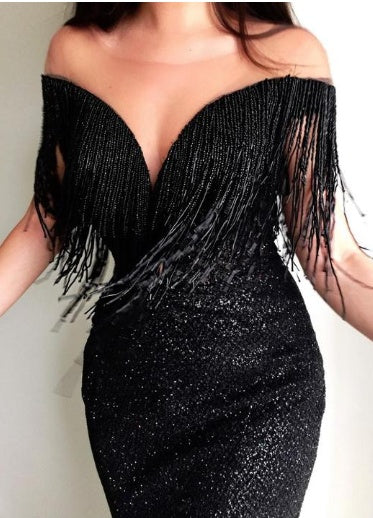 Modelos de explosión sexy lentejuelas negras cuello en V sin mangas vestido ajustado falda larga
