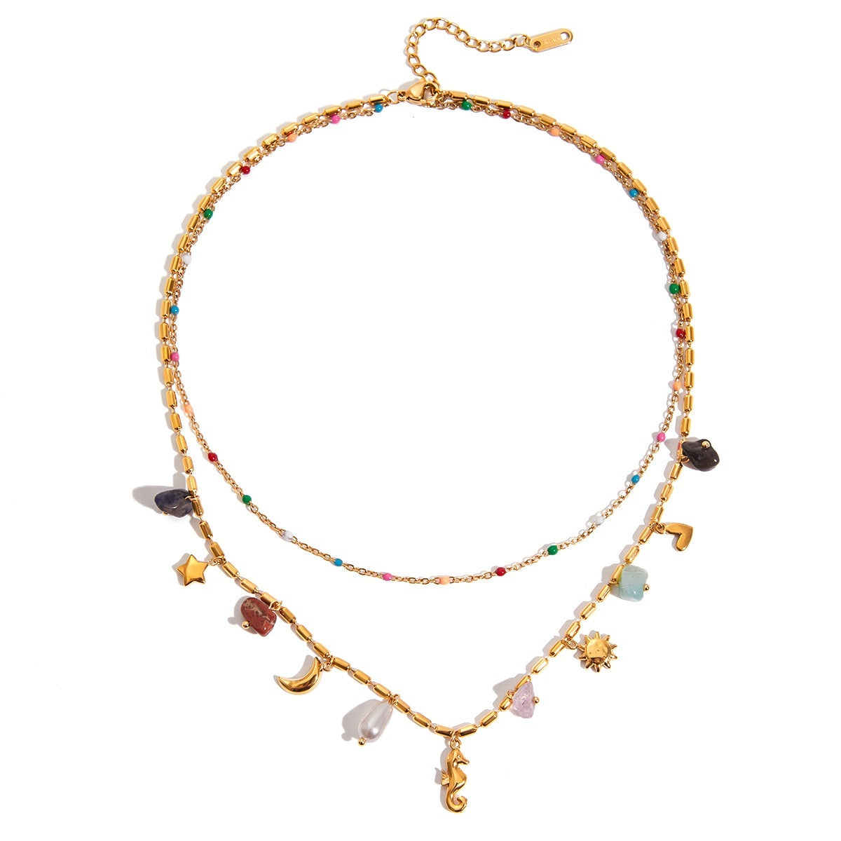 Vintage Bohemian Style Natural Gravel Double-layer Accessories Hippo Pendant Twin Necklace