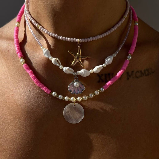 Collar de cuentas de arcilla polimérica para mujer, concha multicapa, cadena doble para clavícula