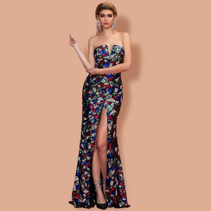 Vestido sexy con escote en V y hombros descubiertos con lentejuelas para mujer