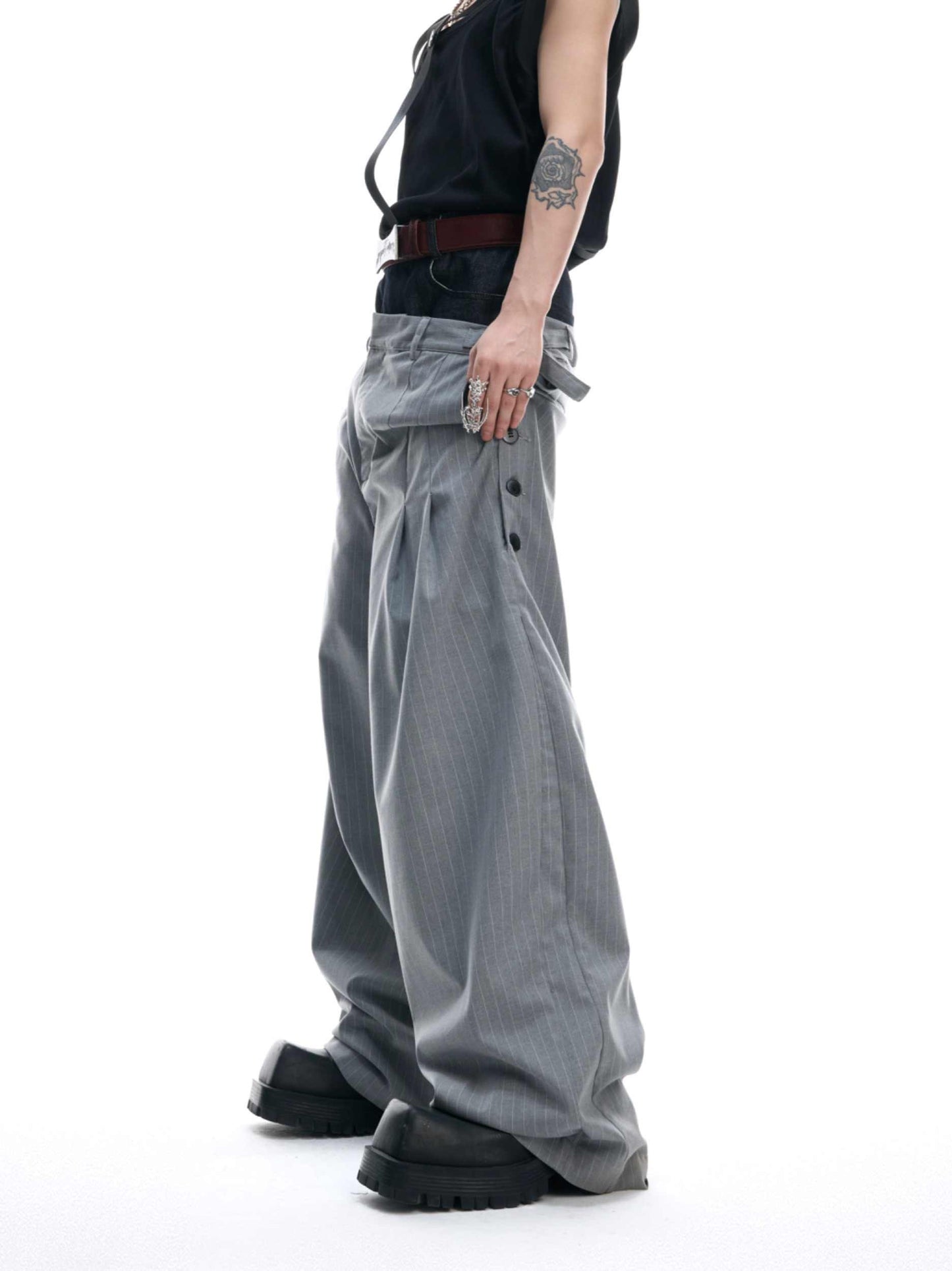 Niche Double Waist Striped Suit Pants Raw Denim Stitching Design Sense Draped Pants Men And Women