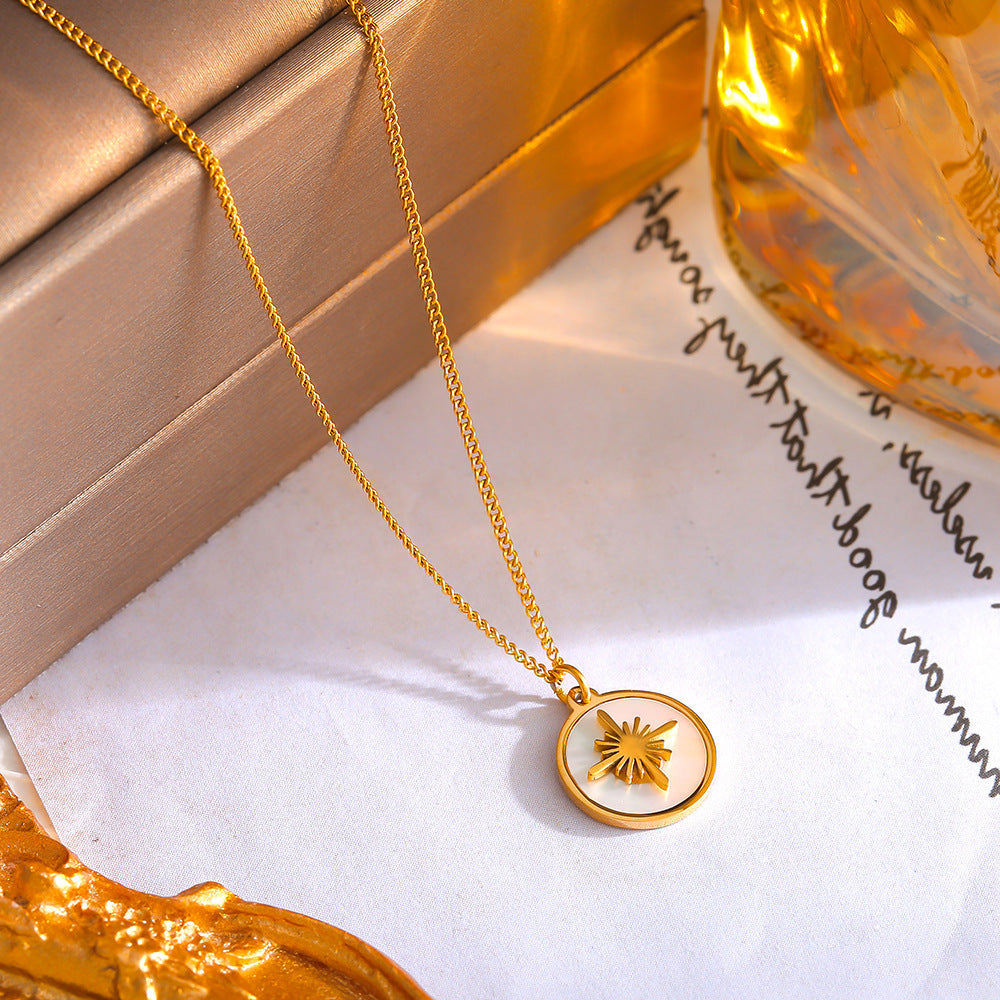 Vintage XINGX Water Shell Round Plate Pendant Necklace Titanium Steel 18K Gold Plated Clavicle Chain