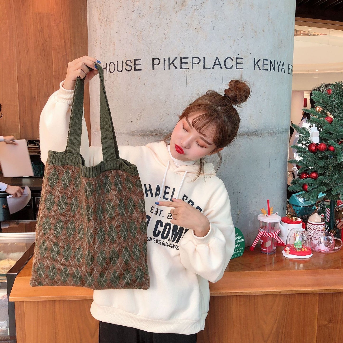 Knitted portable tote bag wool one-shoulder women's cloth bag
