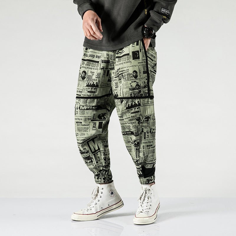 Tide brand hip hop newspaper pants men and women pants ins the same paragraph street loose beam pants national tide - BAGMODA