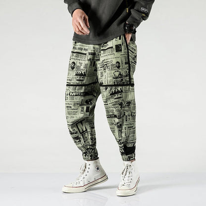 Tide brand hip hop newspaper pants men and women pants ins the same paragraph street loose beam pants national tide - BAGMODA