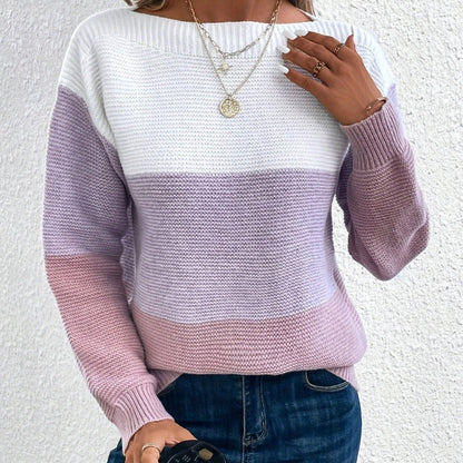 Pullover Strickpullover Mode Rundhals Spleißen Strickwaren Lose Top Damenbekleidung