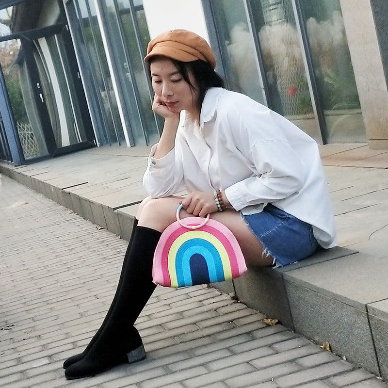 Rainbow portable straw woven bag beach women bag
