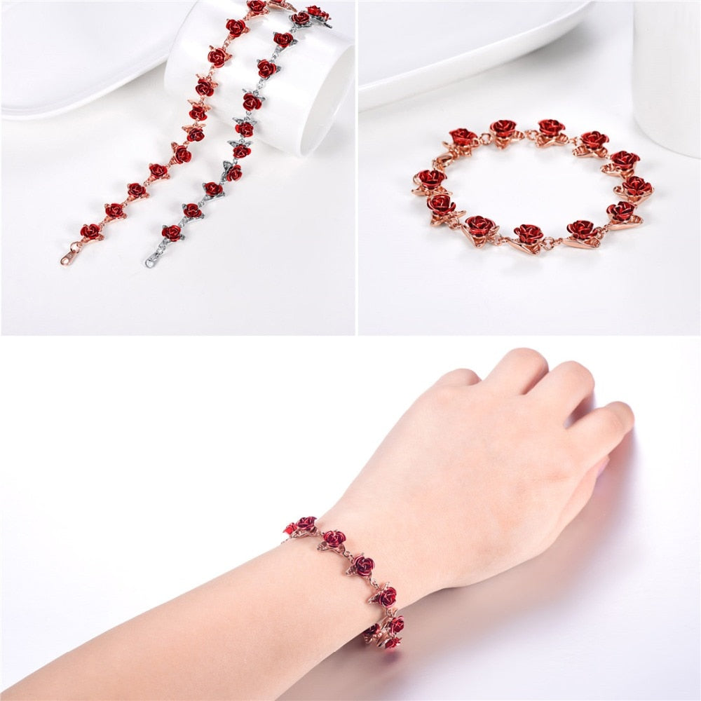 U7 Bracelet Red Rose Flowers Wrist Chain Charm Mother's Day Gift For Women Wedding Party Jewelry Bridesmaid Bracelets