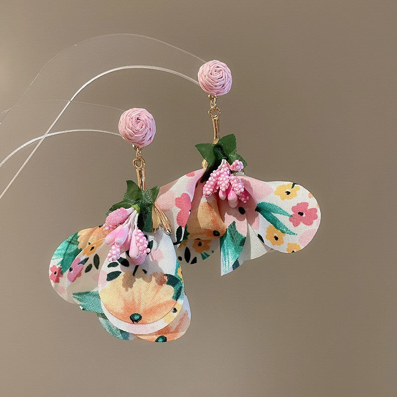 Silver Needle Fabric Flower Pendant Earrings For Women