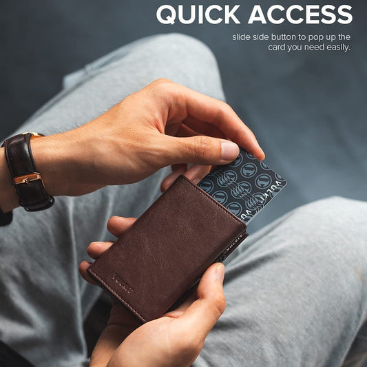 Oil Wax Leather Aluminum Alloy Automatic Pop-up Cassette Multi-function Large Capacity Metal Wallet