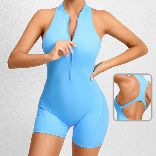 Yoga-Fitness-Shorts mit Reißverschluss, Jumpsuit, ärmellos, Bauchkontrolle, Stretch-Shapewear, Po-Lifting, Sportbekleidung für Damen
