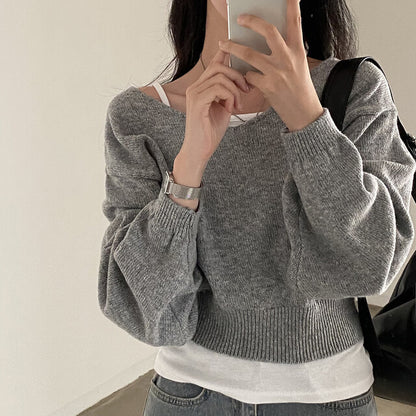 Herbst V-Ausschnitt Langarm Strickwaren Damen Lose Kurzpullover