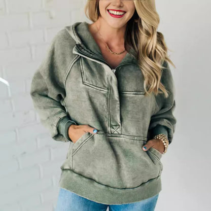 Sudadera con capucha y lavado con media cremallera para mujer