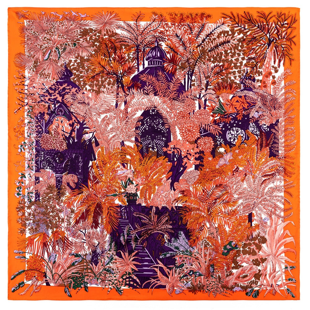 Twill silk square scarf jungle castle print scarf - BAGMODA