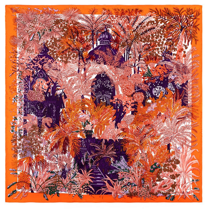 Twill silk square scarf jungle castle print scarf - BAGMODA