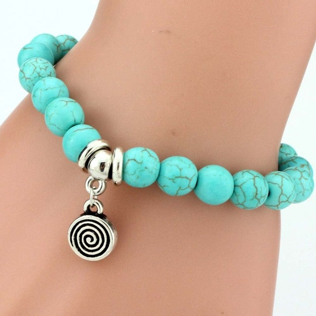 Vintage Boho Charm Bracelets Bangles Women Natural Stone Tree of Life Elephant Owl Pendant Bead Bracelet Men Jewelry