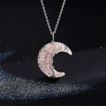 Collar de cristal con alambre de cobre y metal con árbol de la suerte y piedra sinuosa