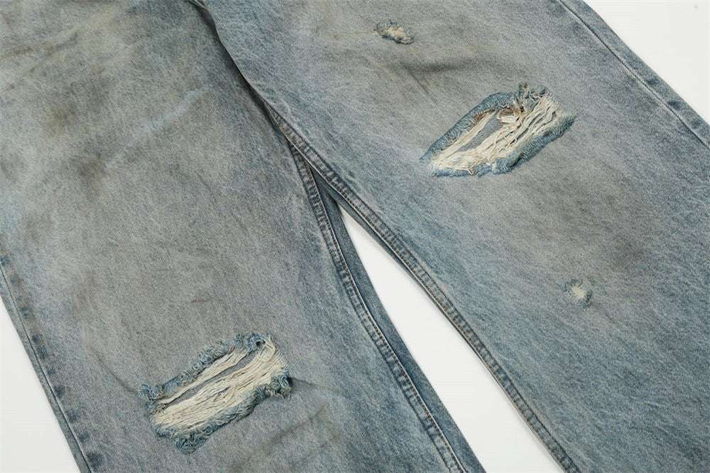 Ripped Dirty Denim Baggy Pants Men - BAGMODA