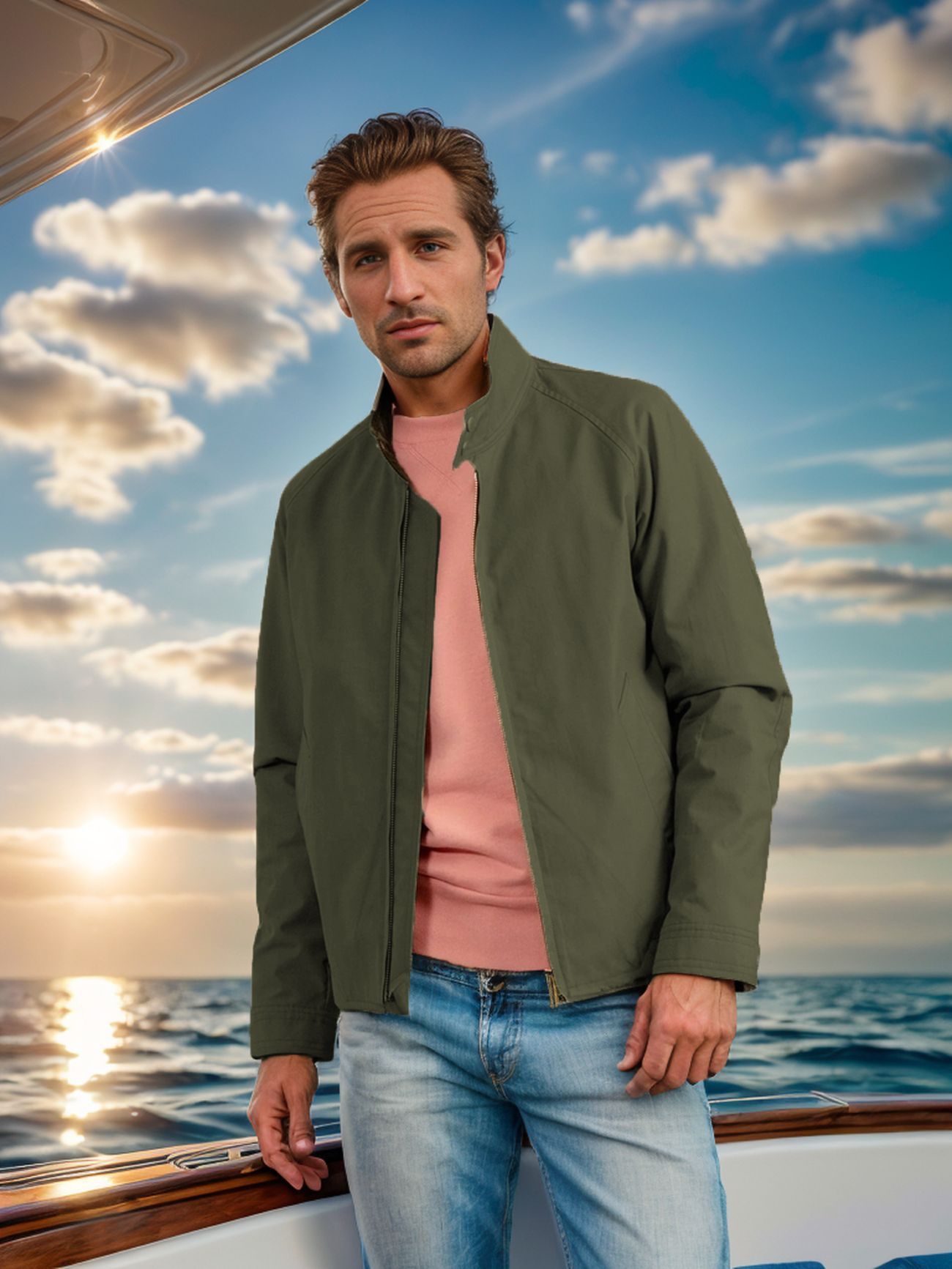 Stand Collar Zipper Solid Color Jacket Coat