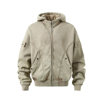 Sudadera polar con capucha y lavado estilo retro americano para hombre