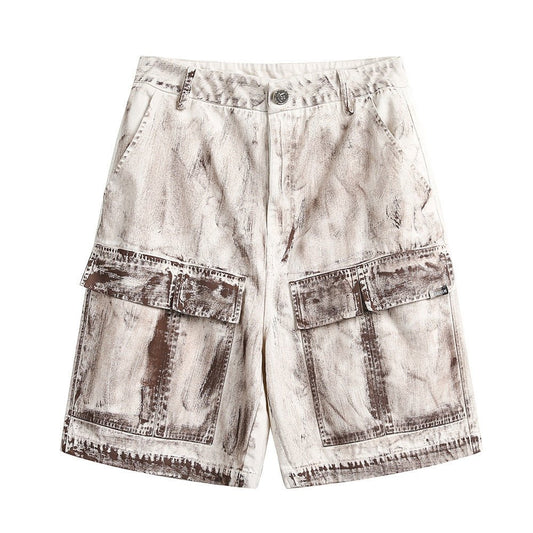 Punk Distressed Dirty Denim Cargo Pants Shorts Men - BAGMODA