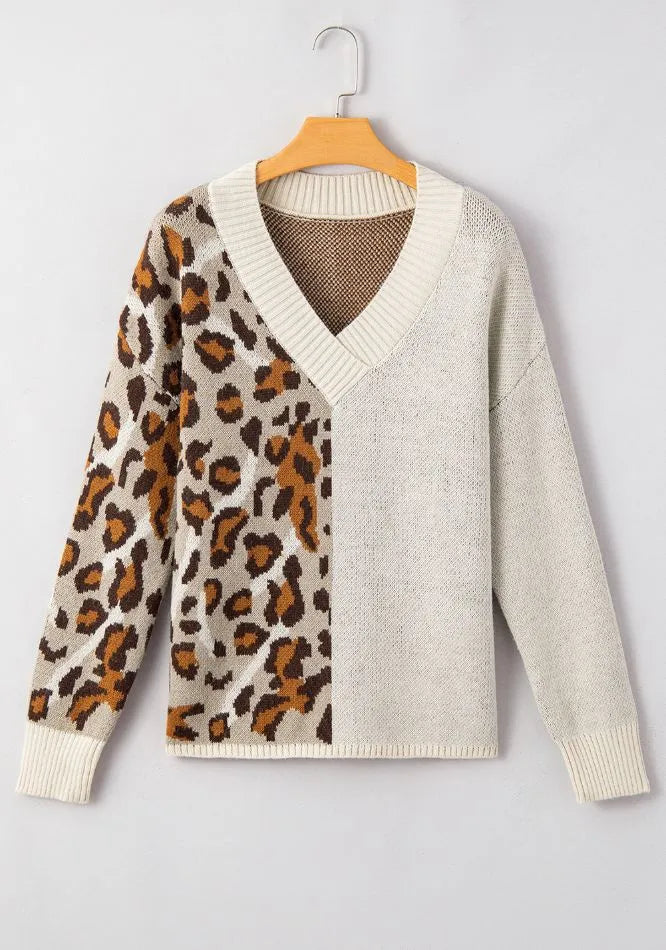 V-neck leopard print knitted sweater