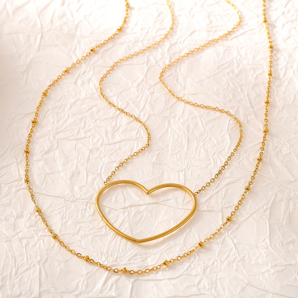 European And American Hollow Love Twin Clavicle Chain Stainless Steel Plated 18K Gold Necklace