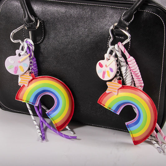 Ins Leather Cotton-filled Rainbow Palette Ornaments Braided Rope Handbag Pendant