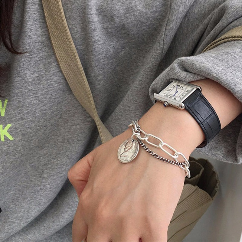 Punk Bracelets Carved Coin Head Bracelet Bangle Bohemian Circle Queen Thick Chain Tassel Pendant Bracelet Women Jewelry