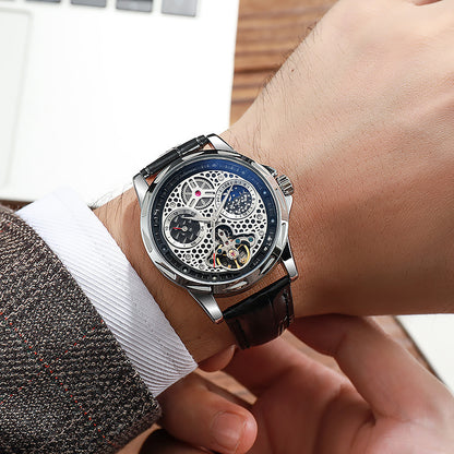 Reloj automático de cuero y acero, de lujo, luminoso y resistente al agua.