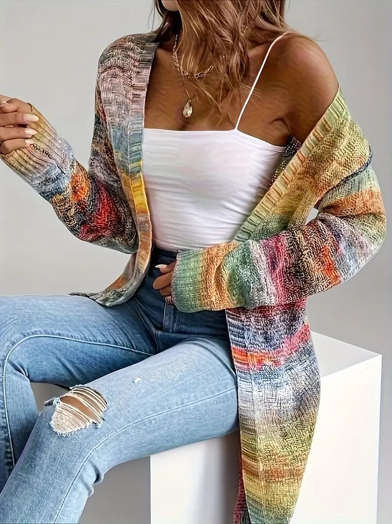 Ladies' Soft Acrylic Gradient Color Block Cardigan