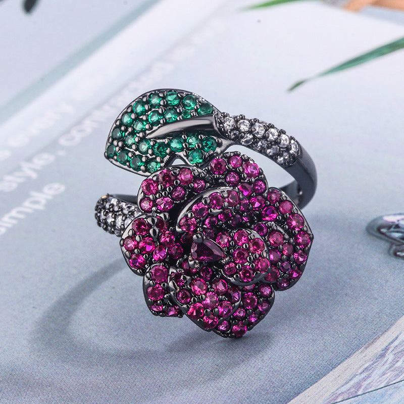Gold-plated Simulation Red Corundum Black Gold Flower Personality Ring