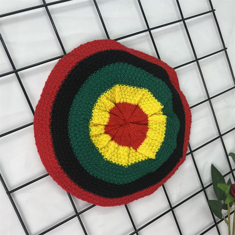 Hand Crocheted Wool Beret Jamaica Colorblock Knit