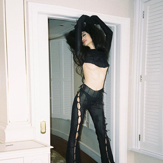 High Waist Straight Micro-Flare Hollow Lace-Up Mesh Casual Pants