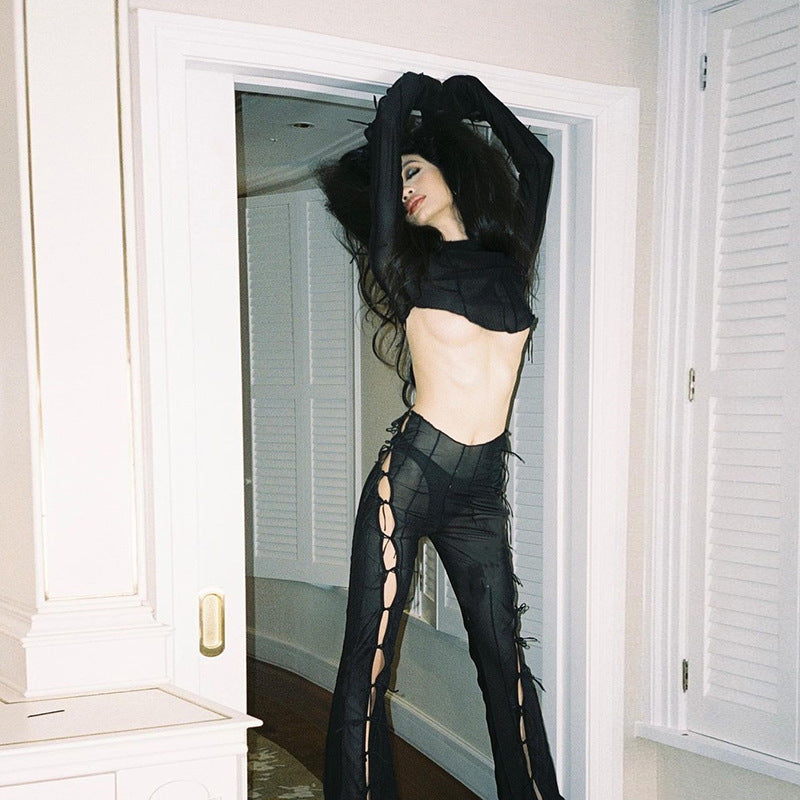 High Waist Straight Micro-Flare Hollow Lace-Up Mesh Casual Pants