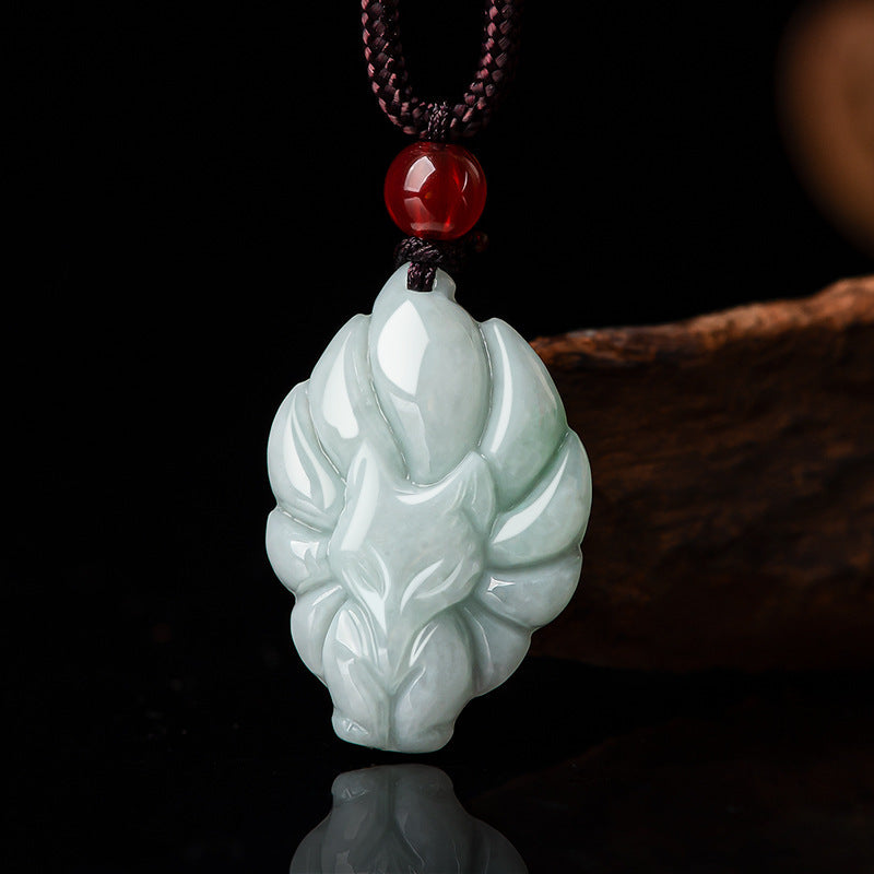 Natural A Cargo Jade Light Green Nine Tail Fox Pendant